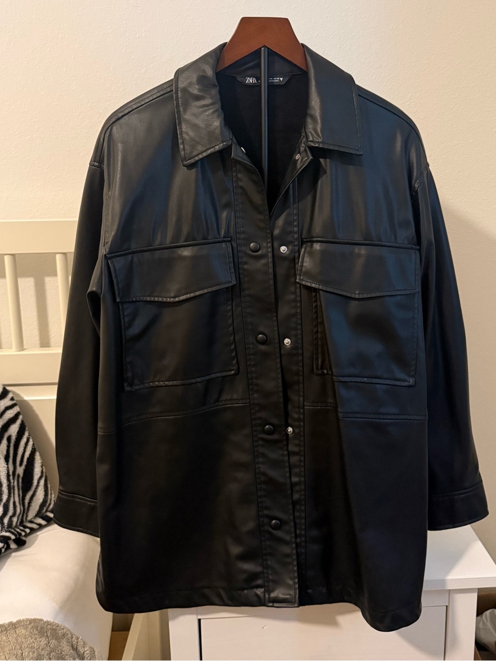 Zara Black Faux Leather Overshirt Jacket with Chest Pockets